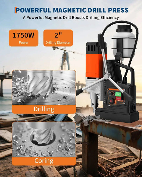 Beast Magnetic Drill Press With 1750W Copper Motor and 810 RPM for Heavy Duty Metalwork showcasing drilling and coring.