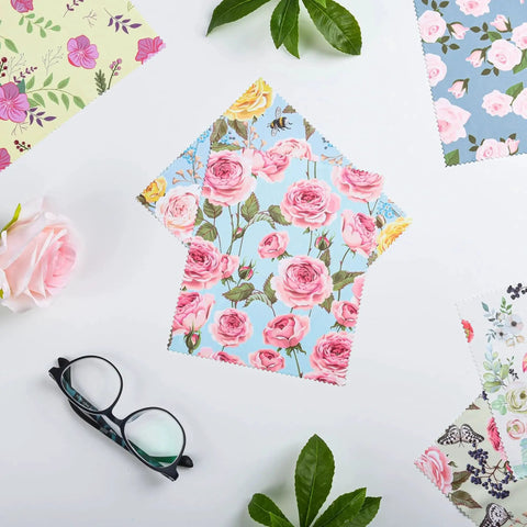 Microfiber Cleaning Cloths 6x7 Inches Multicolor Flower Pattern For Eyeglasses, floral design displayed with eyeglasses