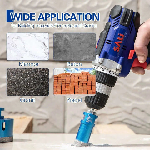 Close-up of a diamond core drill bit drilling into tile, with applications for marble, concrete, granite, and brick shown.