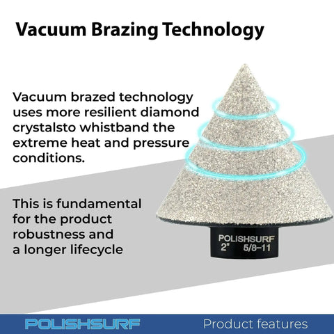 Vacuum brazed diamond beveling chamfer bit with 60-degree angle, 2-inch diameter for ceramic tile or granite, fits 5/8-11 thread.