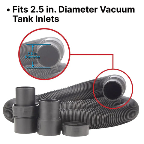 Heavy Duty Vacuum Hose 8 Feet Long By 2.5 Inch Diameter For Standard Or Locking Inlets No Fuss Quick Reach Flexible Vinyl Tube Prevents Clogging With Bulky Debris Tight Corners 1 Pack with black fittings