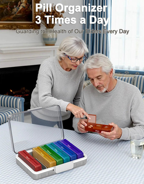 Couple using 4 Tier XL Medicine Organizer with Leather Handle, BPA Free, at home. Includes 7-day organizer and triple protection seal.