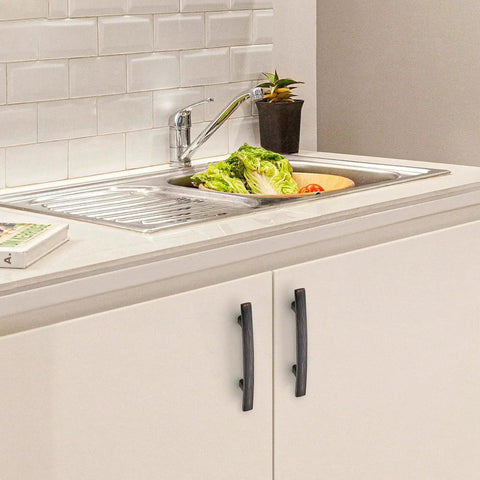 Oil Rubbed Bronze Curved Cabinet Handles Arch Drawer Pulls for Kitchen installed on white cabinets