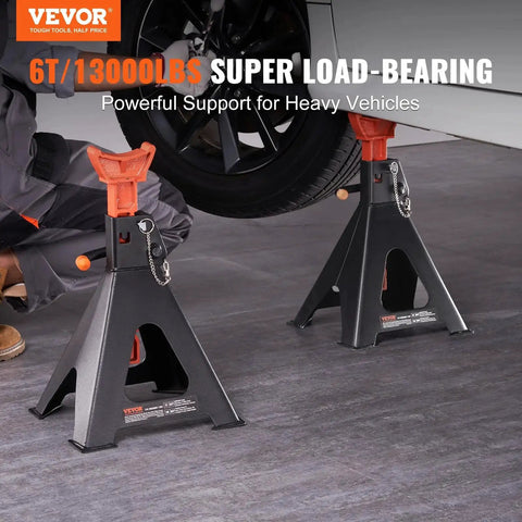 6 Ton Jack Stands With Double Locking Adjustable 14.2 To 23 Inches For SUV UTV supporting a vehicle in a garage