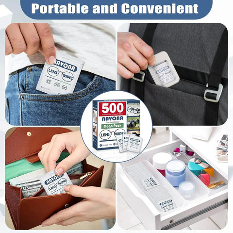 Lens Wipes For Eyeglasses Pre Moistened Scratch Free Cleaner Glasses in pocket, bag, wallet, and shelf setup