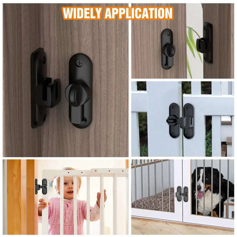 Compact 90 180 Degree Sliding Door Latch on various doors, black, heavy duty flip bar lock for bathroom, garden, bedroom, cabinet, secure