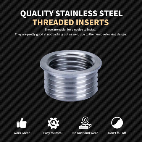 Close-up of stainless steel threaded insert for M14x1.5 Thread Repair Kit with labels highlighting quality and easy installation.
