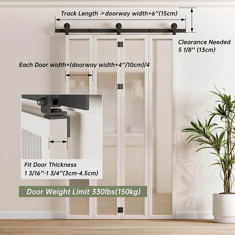 Heavy Duty Bifold Barn Door Hardware Kit For Four Doors, Six Foot Sliding Track System, All Doors Open To One Side, Hardware Only
