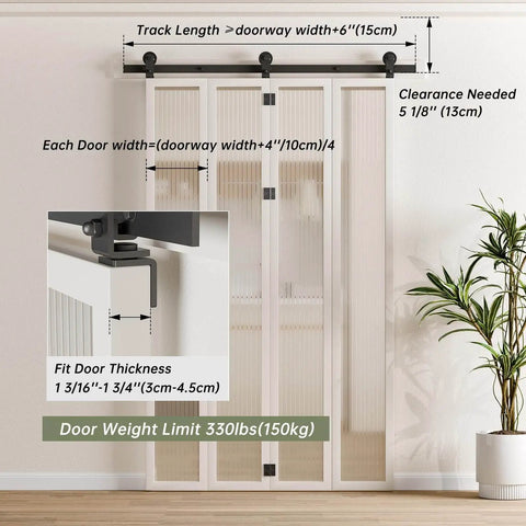 Heavy Duty Four Door Bifold Sliding Barn Door Hardware Kit With All Doors Open To One Side 6.6 Foot Track System In Frosted Black Finish Carbon Steel Construction No Door Included Ideal For Renovations And DIY Home Projects, showing installation and dimensions.