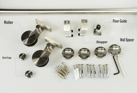 Ten Foot Stainless Steel Sliding Barn Door Hardware Kit with Double Track and Top Mounted Rollers components displayed on white surface.