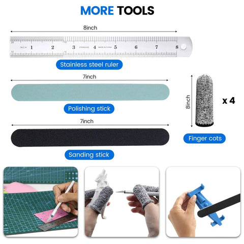 Ultimate 45 Pcs 3D Printer Tool Kit For Cleaning Finishing And Maintenance with stainless steel ruler, polishing stick, sanding stick, finger cots.