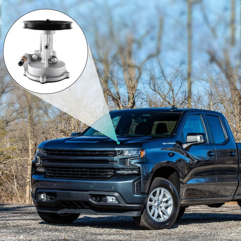 AULINK vacuum pump for GM trucks; blue pickup in foreground with inset silver pump and pulley.