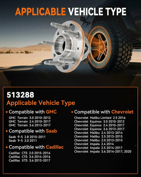 2Pcs 513288 Front Or Rear Wheel Bearing Hub Assembly Fit For Chevy Impala 2014 2017 2020 with compatibility details