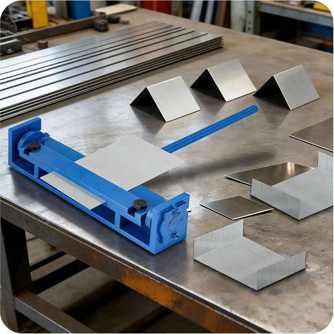 7.87 Inch Steel Bending Brake Manual Sheet Metal Bender on workshop table with bent metal samples