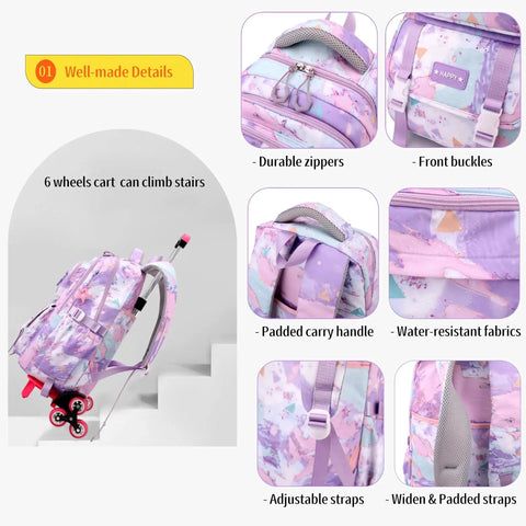 Kids rolling backpack with 6 wheels, durable zippers, front buckles, padded handle, adjustable straps, water-resistant fabric.