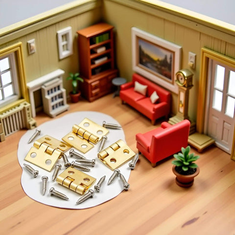 Miniature Door Hinges Set For Dollhouse 1/12 Scale With 4 Hinges And 16 Screws displayed in a living room scene