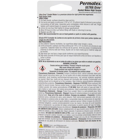 Back view of Ultra Grey RTV Silicone Gasket Maker 3 Oz packaging with instructions and product information visible