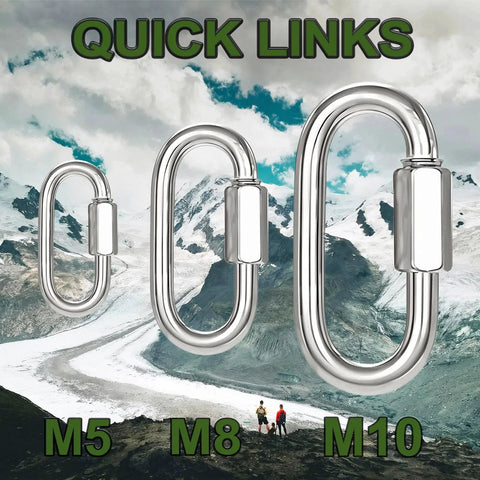 Fifty 2 Inch Chain Quick Links Set M5 Galvanized Steel Carabiner Clips with M8 and M10 sizes in mountain landscape background