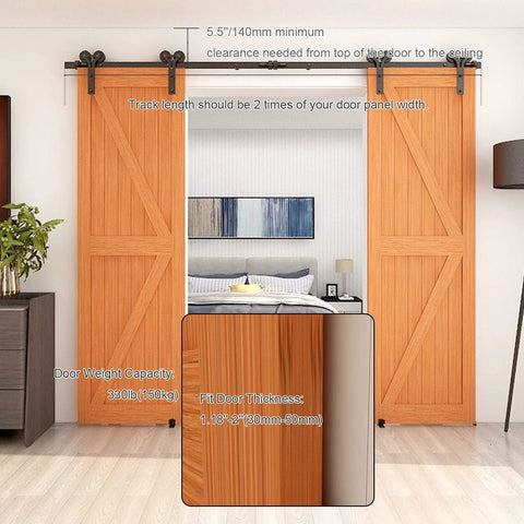 12ft Sliding Barn Door Hardware Kit With Floor Guide And Premium Nylon Roller Wheels For Double Wooden Doors, installed view