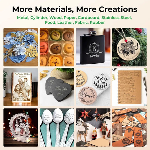 Various engraved items made with Falcon 5W Laser Engraver showcasing materials like wood, acrylic, leather, and metal.