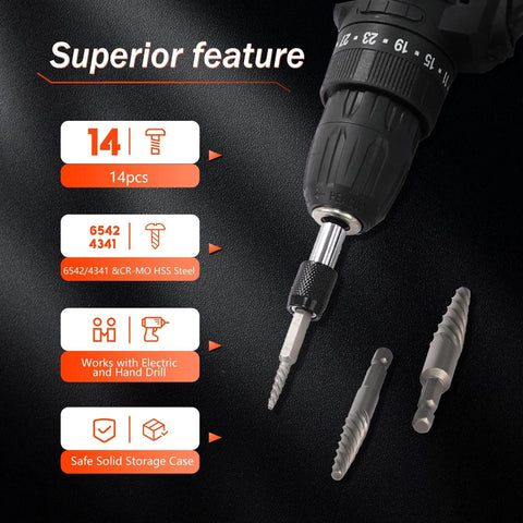 Close-up of Spiral Screw Extractor Set With Tungsten Carbide Tip Scriber Pen Left Hand Drill Bits In Cobalt HSS Steel Includes Adapter