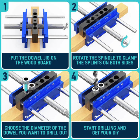 Upgraded 6.7 Inch Self Centering Doweling Jig Kit with adjustable width and bushings, showing setup and drilling steps on wood.