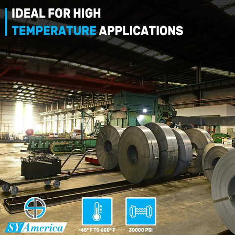 Industrial factory interior with large steel coils, highlighting high temperature applications and equipment capability.