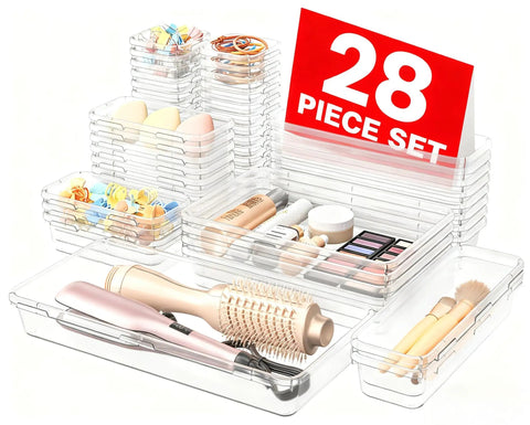 Military Grade Clear Drawer Organizer Set 28 Pcs 5 Sizes Holds 177 Items For Bathroom Vanity Desk Office Junk Drawer Pantry Storage By A LuGei with assorted contents.