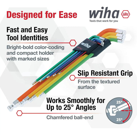 Ball End Hex L Key Set 9 Piece Metric With Color Coded Handles Textured No Slip Grip Ball End Drivers For Fastener Interlock Up To 25 Degrees Includes Holder CNC Precision Machined For Reduced Cam Out, with highlighted features in graphic.