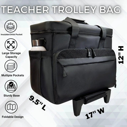 Rolling Teacher Tote Bag with Wheels and Laptop Compartment for School Office and Travel, side view showing pockets and dimensions.