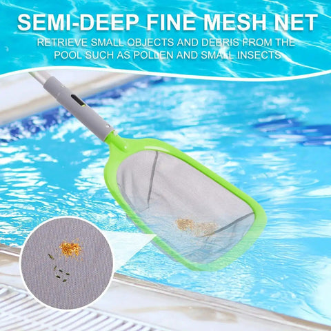 Semi-deep mesh net from Deluxe Pool Cleaning Kit With Spa Jet Vacuum And Thirteen Point Five Inch Brush Semi Deep Skimmer Net And Fifty Seven Point Five Inch Adjustable Pole For Above Ground And Inflatable Pools No Fuss Quick Debris Cleanup gathering debris from pool.