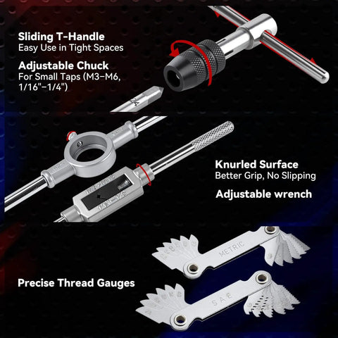 80 Piece Tap And Die Set With Metric And Standard Threading For Cutting And Repairing Internal And External Threads NC NF NPT Compatible Pro Grade Workshop Essential For Pros And Diyers Built For Precision And Durability, showing T-handle, adjustable chuck, and thread gauges, highlighted features.