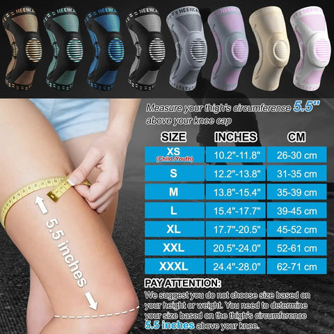 Size chart for Professional Knee Brace With Patella Gel Pad And Side Stabilizers, showing XS to XXXL measurements in inches and cm