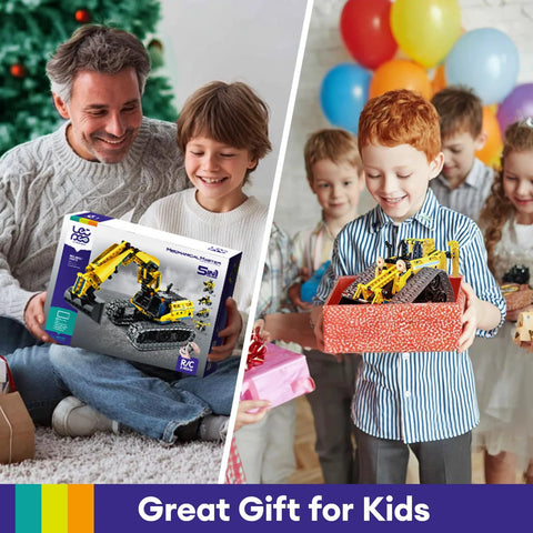 Split image of Amazon LECPOP 5-in-1 STEM robotics kit box with 430 pieces; child holds an RC excavator model on the right.