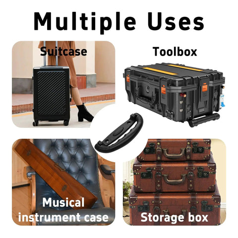 2 Pack 6.3 Inch Luggage Pull Handles Plastic Grip For Suitcases Trunks Boxes And Musical Instrument Cases Black High Strength Durable Replacement Handles shown with various uses including suitcase, toolbox, musical instrument case, and storage box.