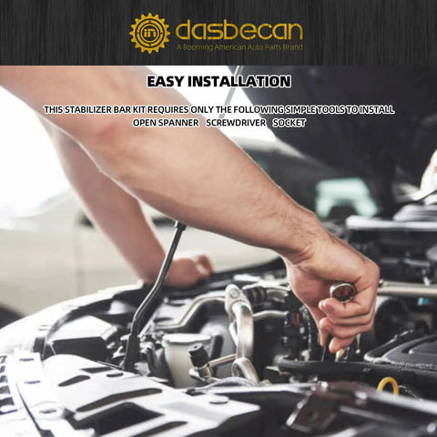Dasbecan 927-100 front suspension stabilizer bar link kit being installed under hood; mechanic's hand at engine bay.