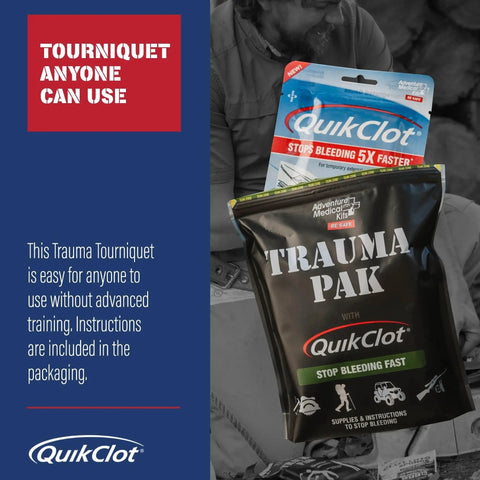 Trauma Pak First Aid Kit With QuikClot Sponge For Quick Bleed Control includes gauze, trauma pad, triangle bandage packaging