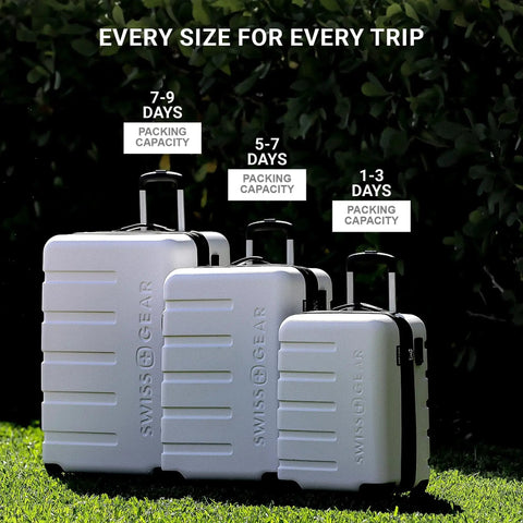 Three SwissGear expandable carry on luggage with spinner wheels in various sizes for different trip lengths, set on grass.