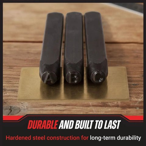 Close-up of three letter steel punches from 36 Piece Letter And Number Steel Punch Stamp Set With Wood Storage Case For Metal Leather And More
