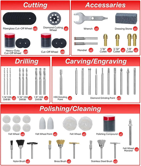Ultimate 508 Piece Rotary Tool Accessories Kit with Durable Carrying Case, featuring tools for cutting, drilling, carving, and polishing.