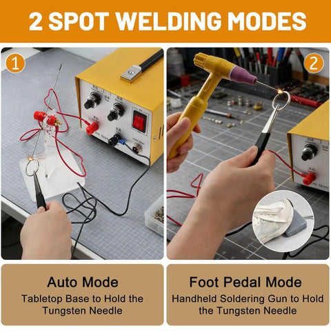 Image showing two spot welding modes of a 30A Jewelry Spot Welder Machine Handheld Pulse Arc Welder for various jewelry repairs.