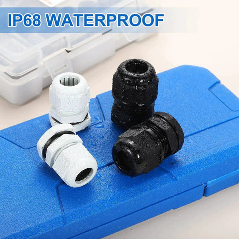 4 Pack M16 Cable Gland Waterproof Nylon Joint For 2 To 3mm Cables in black and white, displayed on a blue surface