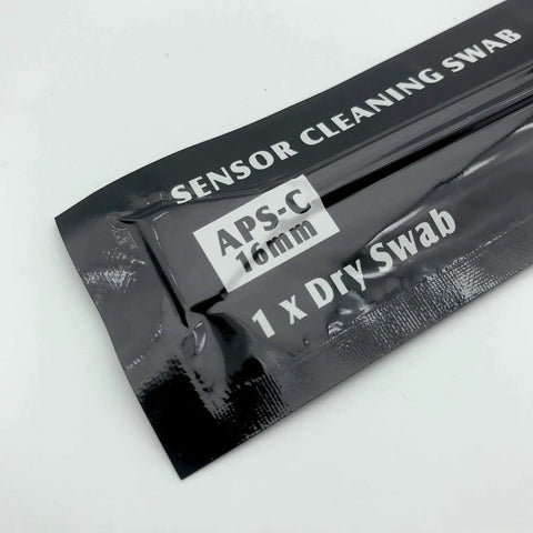 Close-up of Sensor Cleaning Swabs for APS-C Cameras 16 Mm Head 20 Pack, showing packaging and 16mm APS-C label