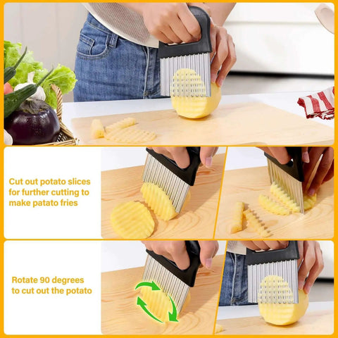 Crinkle Cutter Knife Set Two Pack Stainless Steel Vegetable Peeler And Wavy Chopper Slicer cutting potatoes on a kitchen counter.