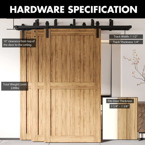 Triple Track Bypass Sliding Barn Door Hardware Kit For Interior Doors, Three 9 Foot Flat Tracks, Shows Installed Setup
