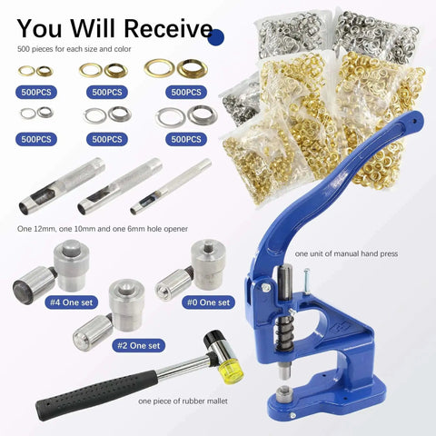 Heavy Duty Grommet Tool Kit Hand Press Grommet Machine With 3000 Silver And Gold Grommets In Six Ten And Twelve Millimeter Includes Dies One Quarter Three Eighths And One Half Inch Plus Double Head Rubber Hammer For Fabric Tarps Leather Bags Shoes displayed with contents and accessories