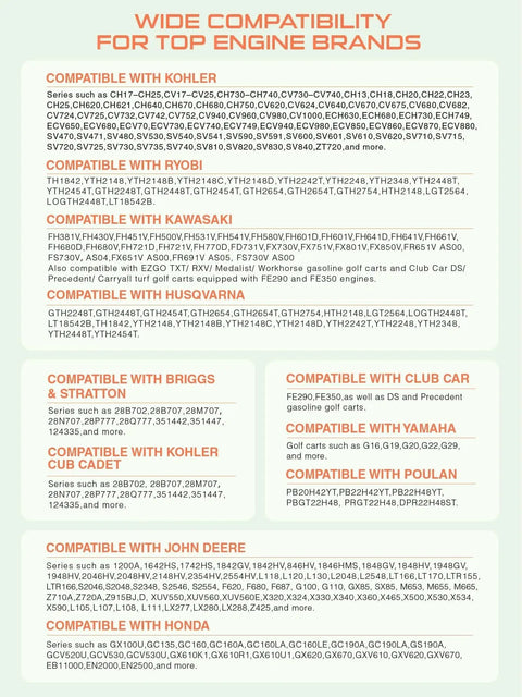 Wide compatibility list for heavy duty fuel pump with major engine brands including Kohler, Yamaha, Briggs, and more.