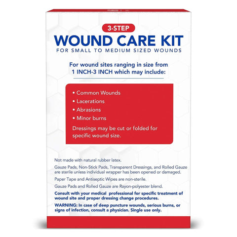 Front view of 3-step wound care kit box with gauze pads, non-stick pads, transparent dressings for 1 to 3-inch wounds