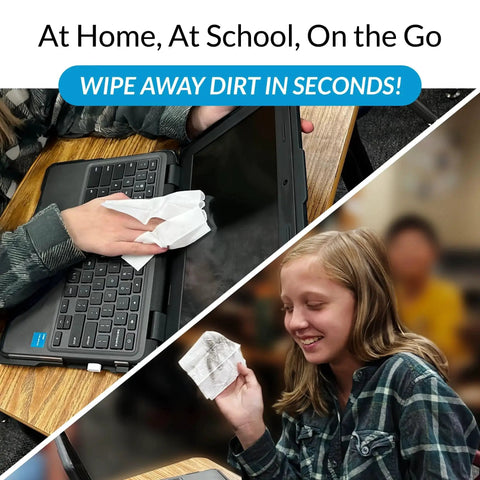 Using Electronics Screen Wipes Lint Free Streak Free Fast Dry Deionized Water IPA on a tablet and laptop in educational settings.