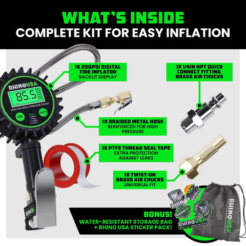Rhino USA digital tire pressure gauge with inflator; 200 PSI, braided hose, 2-inch dial, brass air chuck.